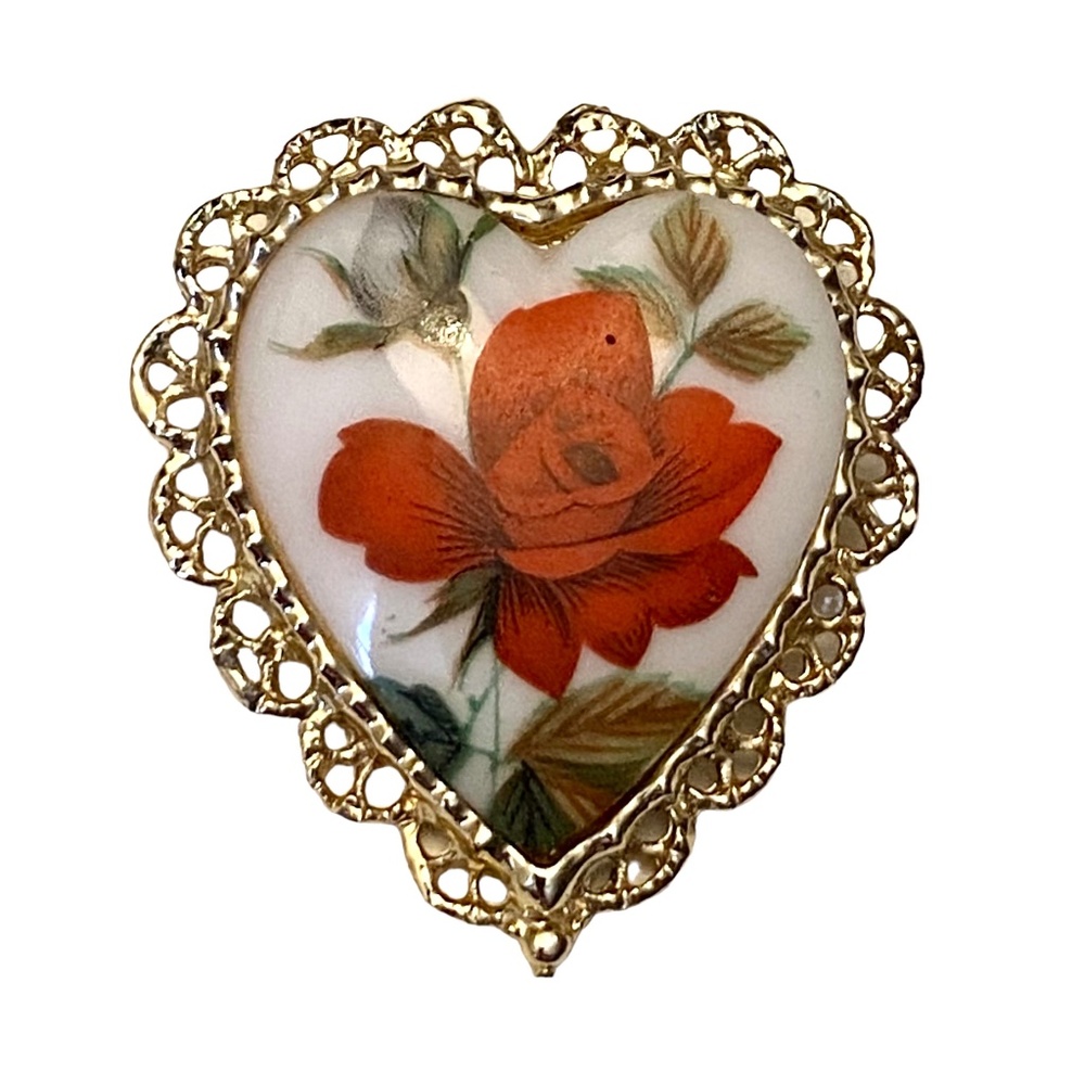 Heart ShapedVintage Red Rose Brooch Pin Costume Jewelry Large Romantic Gift